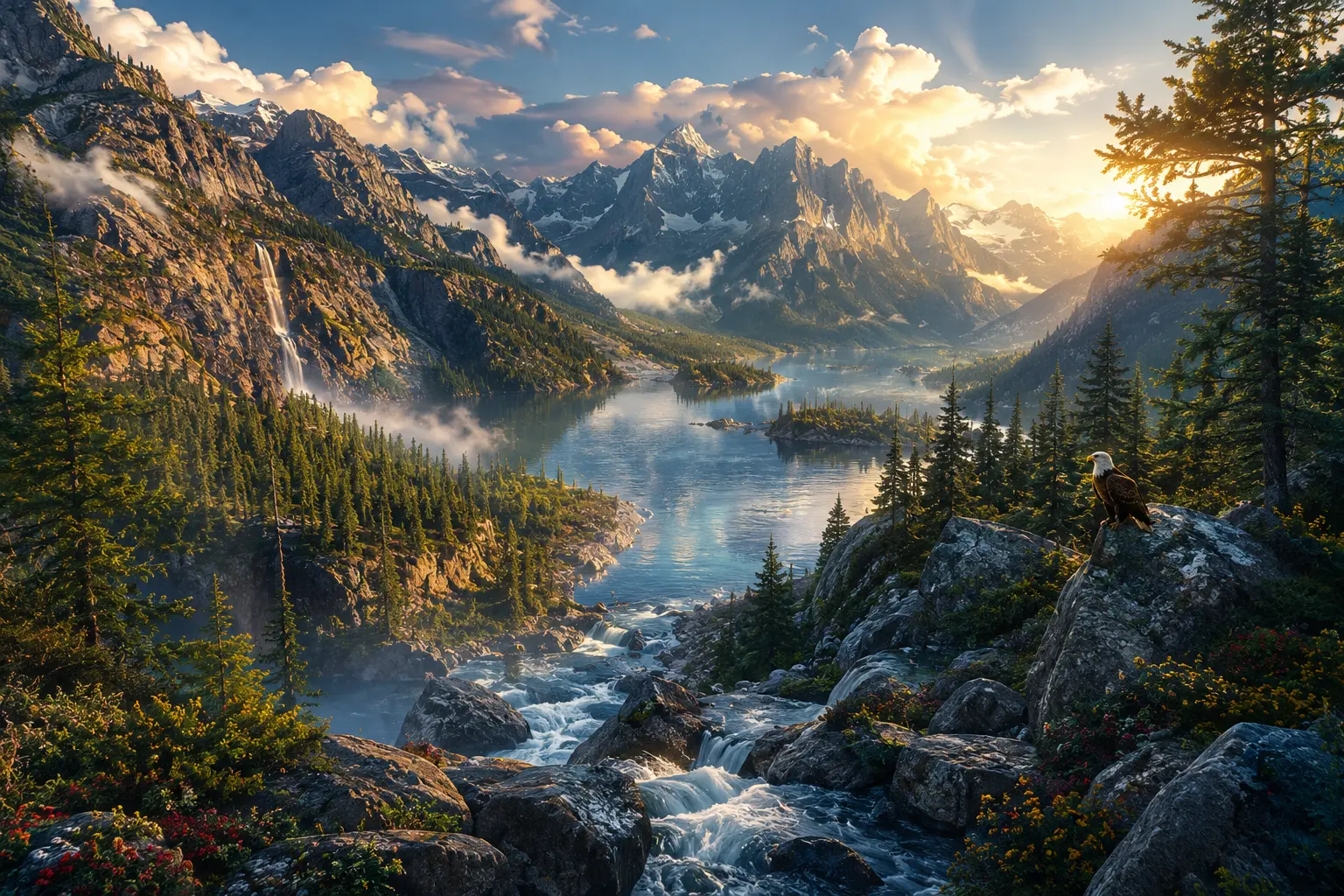 Alpine valley with river and forest at sunrise
