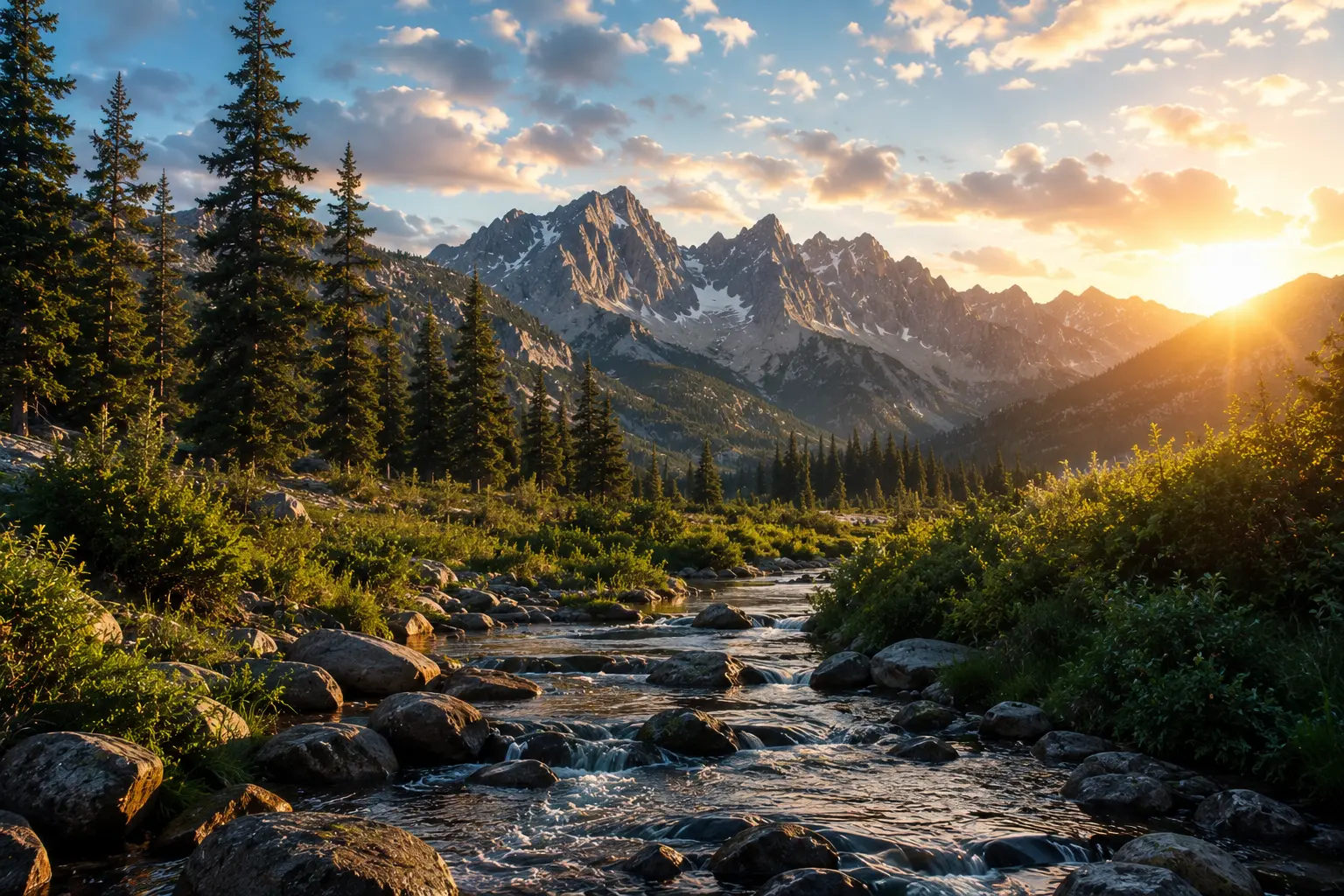Mountain river flowing at golden hour