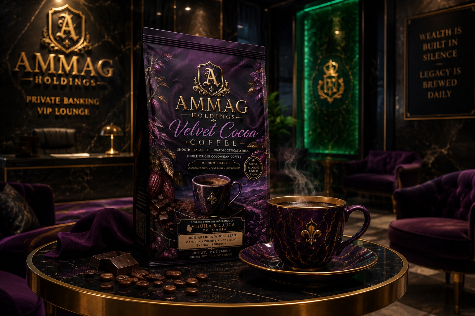 Ammag Holdings Velvet Cocoa Coffee served in the private banking VIP lounge